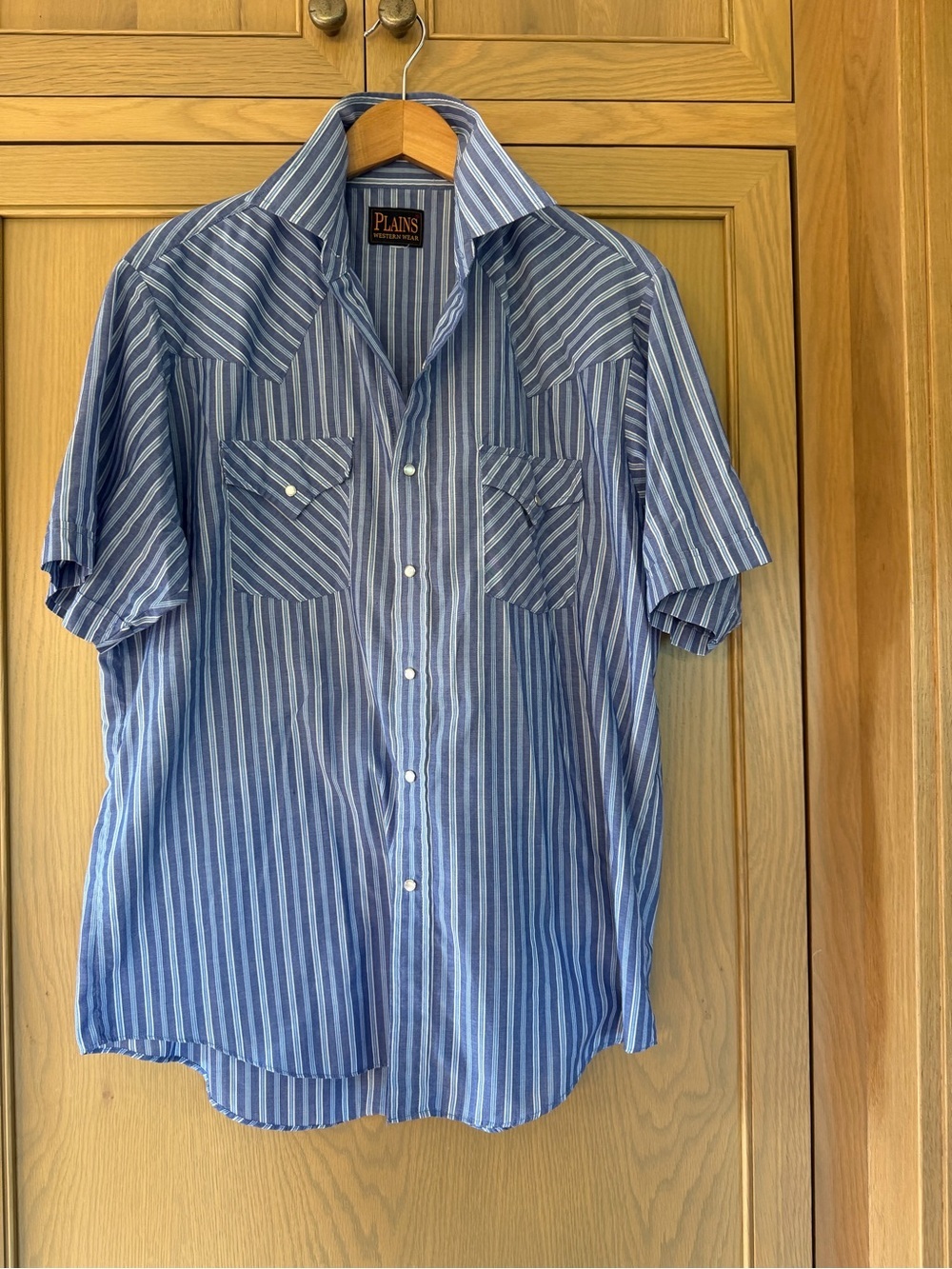 Vintage Plains Western Wear Blue Striped Short Sleeve Snap Front / XLG
